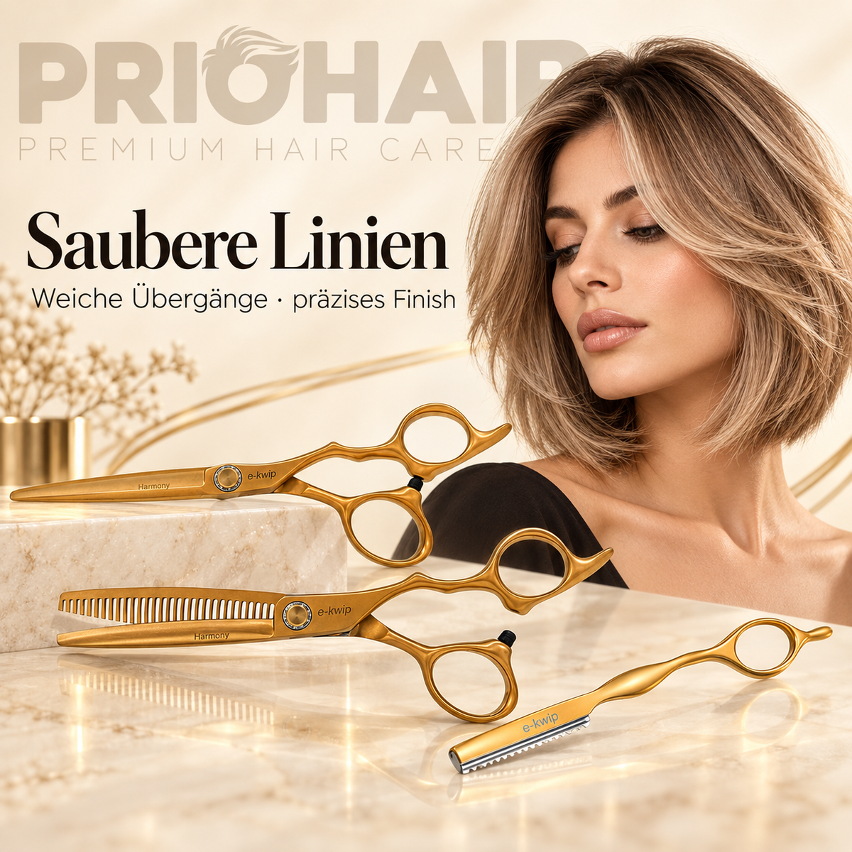 e-kwip Harmony Set Matt Gold Schere, Ausdünnschere, Razor