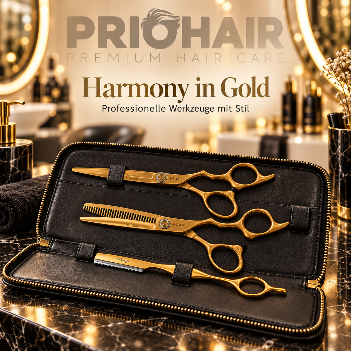 e-kwip Harmony Set Matt Gold Schere, Ausdünnschere, Razor